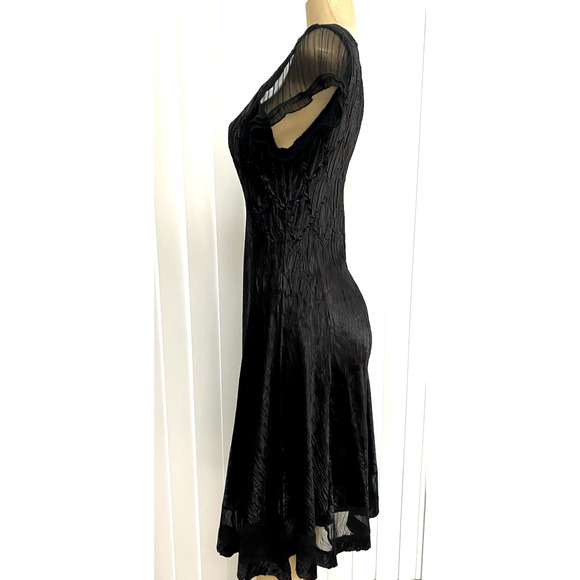 Komarov Dress Midi Black Short Sheer Sleeve Fit Flare Satin V Neck Solid L - Picture 3 of 8